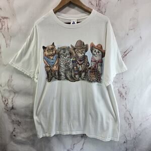 Vintage Cat T Shirt Mens Large Cowboy Western Front Back Print AOP Y2K
